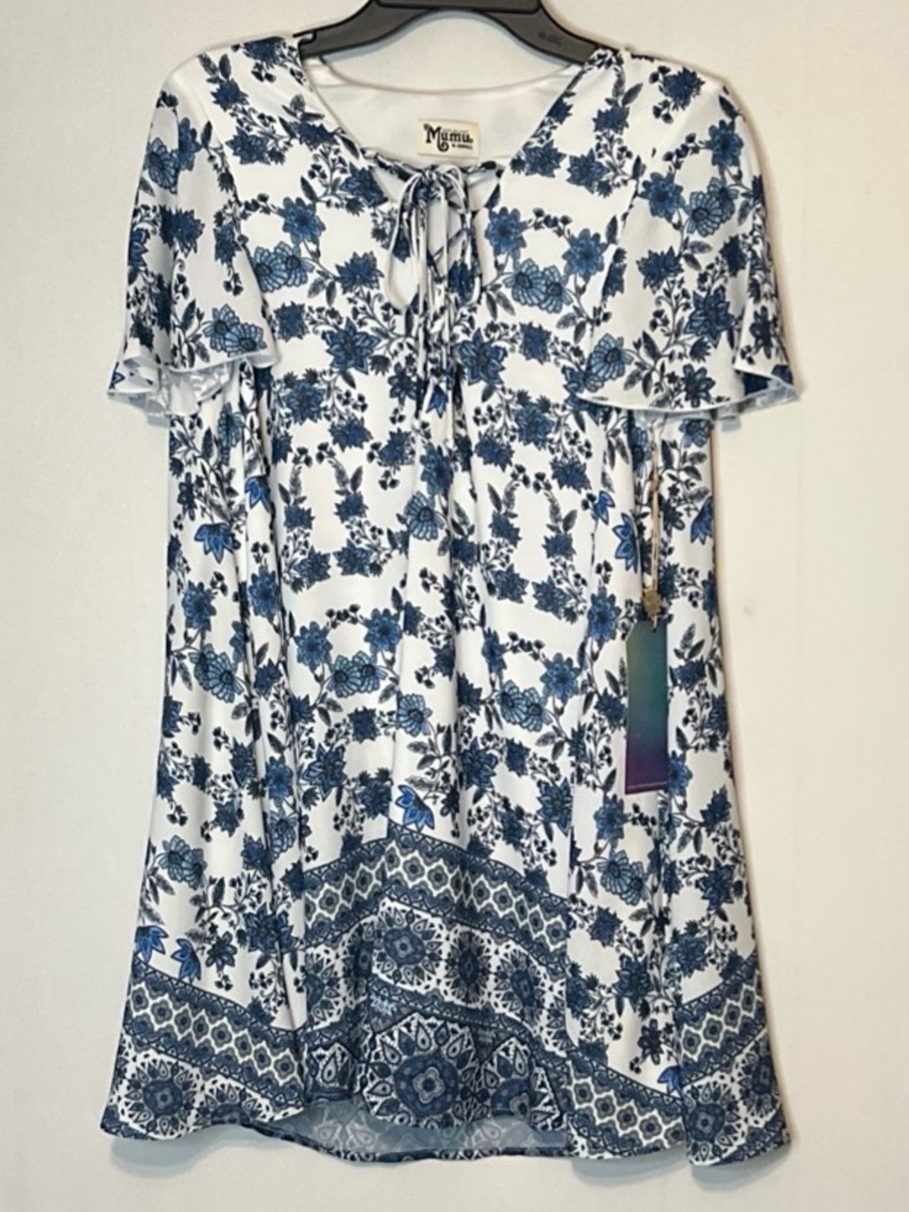 New W/T Show Me Your Mumu Top Women Size XS Floral Tie Neck Tunic USA Lined